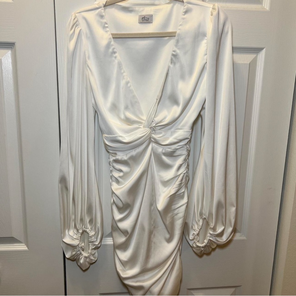 Oh Polly White Ruched Bodycon Dress with Bishop Sleeves